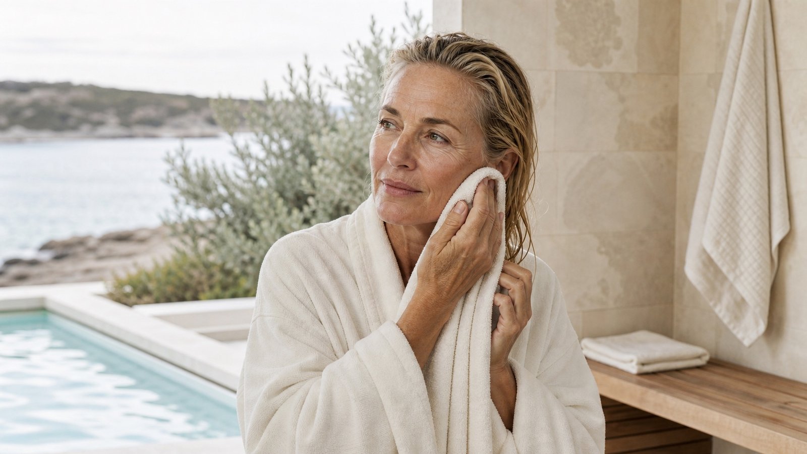 Australian woman over 60 gently patting her face dry after swimming