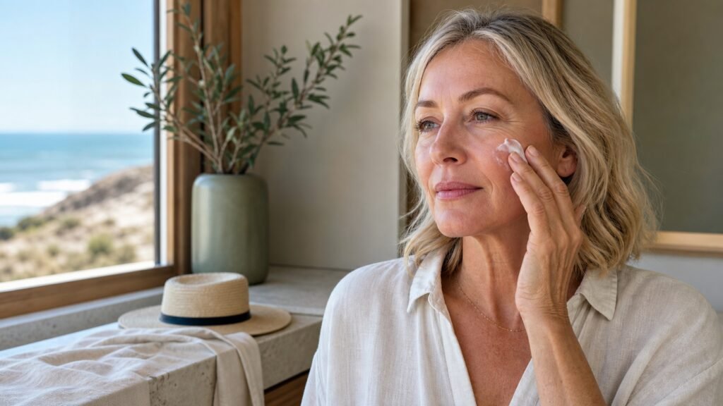 Australian woman over 50 gently pressing sunscreen over light makeup before returning outdoors