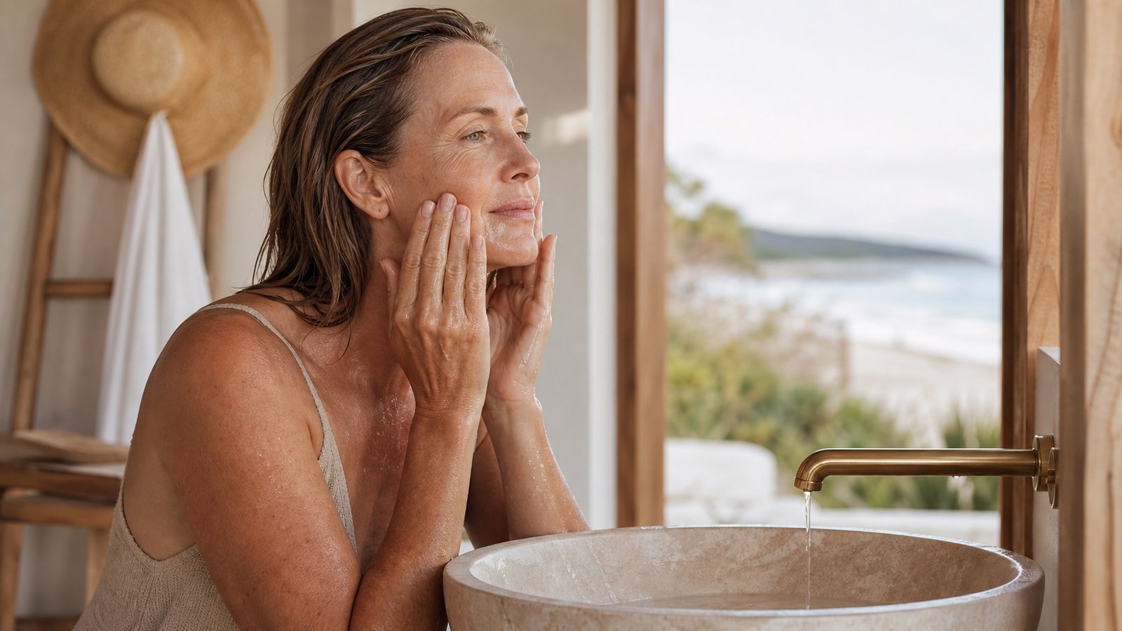 Australian woman over 50 gently cleansing water-resistant sunscreen from her face after a coastal day