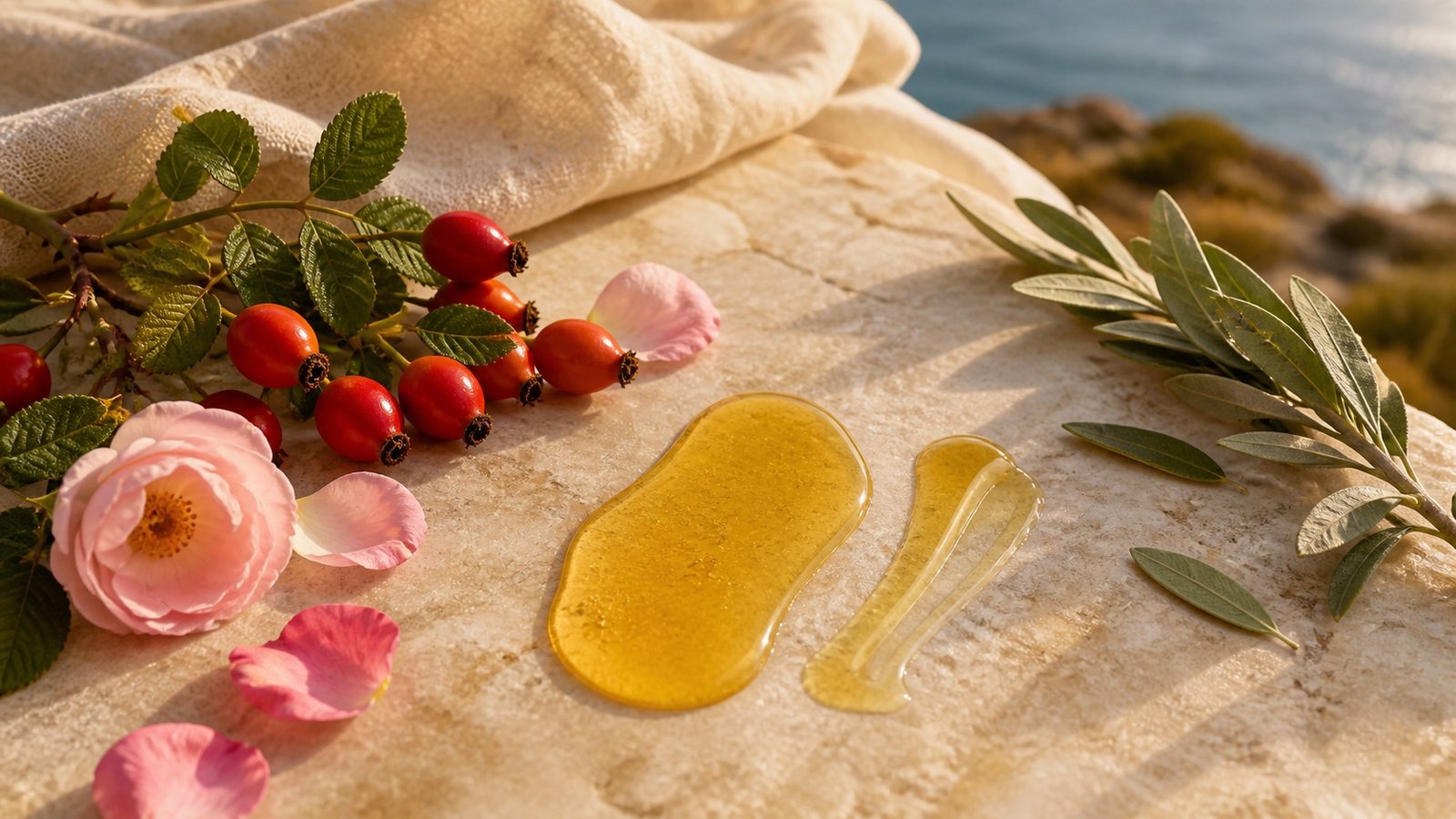 Rosehips and two golden facial oil textures arranged on limestone