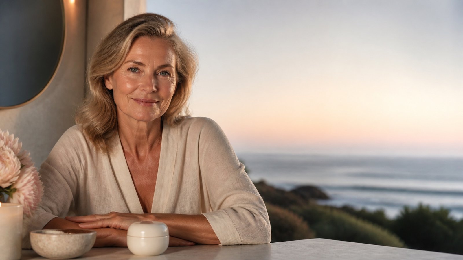 Australian woman over 50 at a coastal vanity considering her morning and night moisturiser