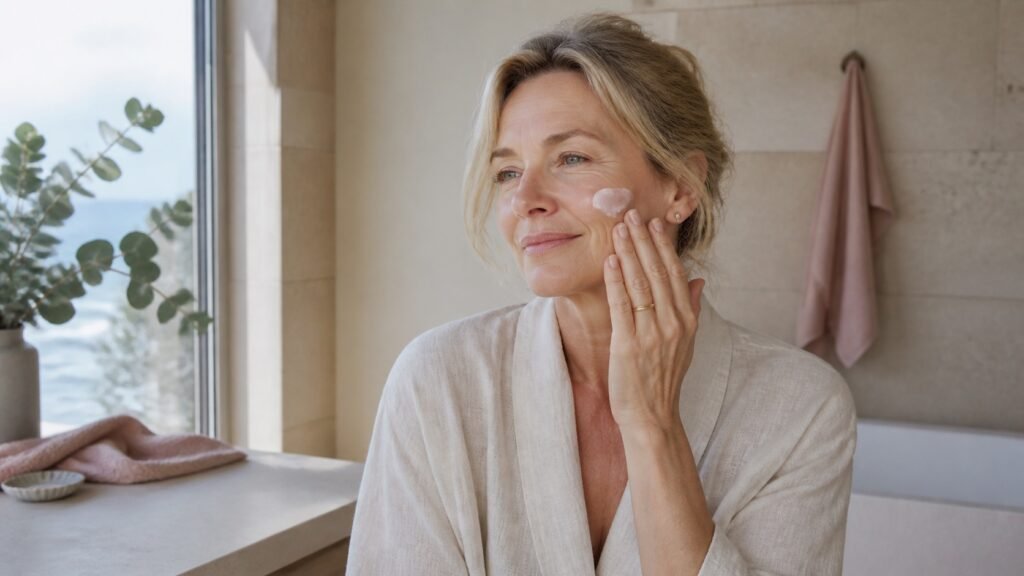 Australian woman over 40 applying moisturiser during a simple sensitive-skin routine