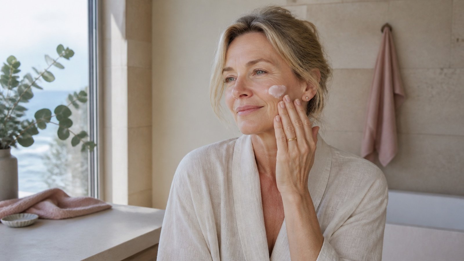 Australian woman over 40 applying moisturiser during a simple sensitive-skin routine