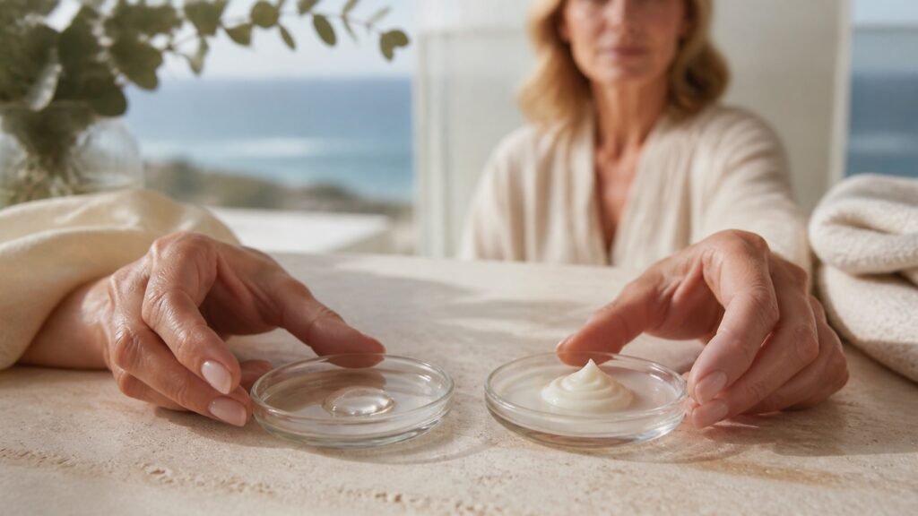 Mature woman comparing clear serum texture with cream moisturiser