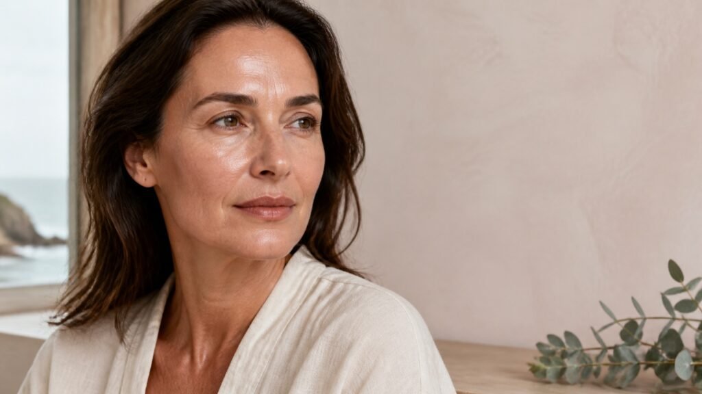 Australian woman over 40 with natural skin checking shine and dryness