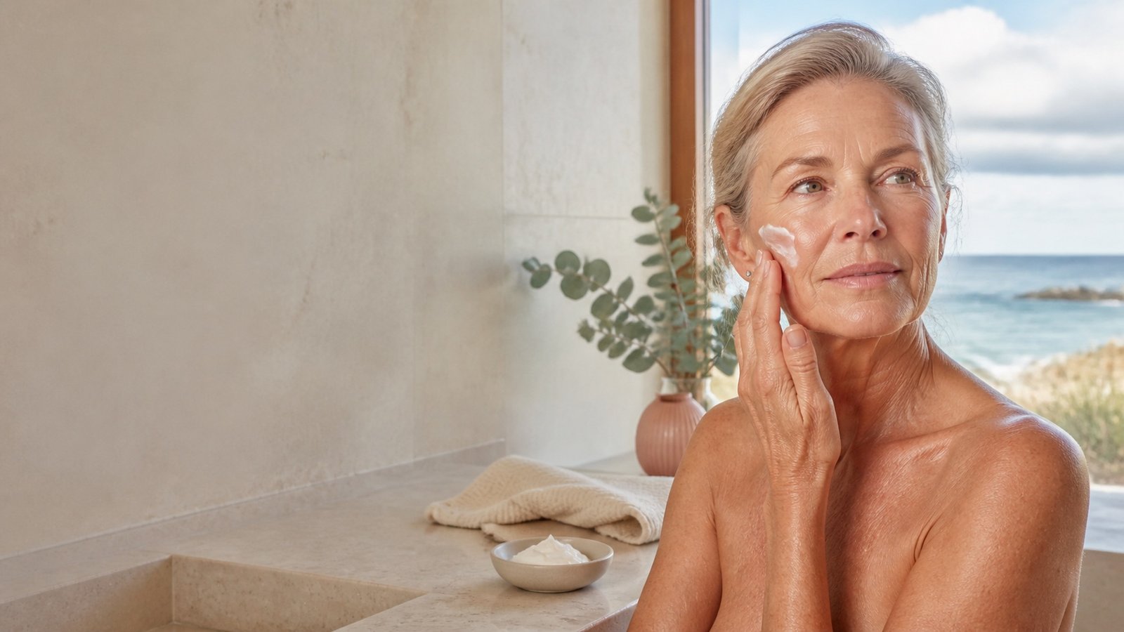 Australian woman over 50 adjusting moisturiser texture for changing seasons