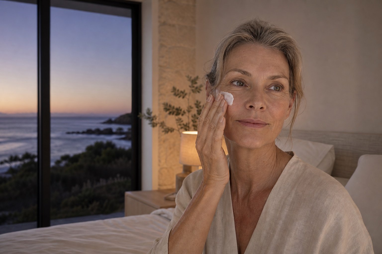 Australian woman around 60 applying night cream during a calm coastal evening ritual