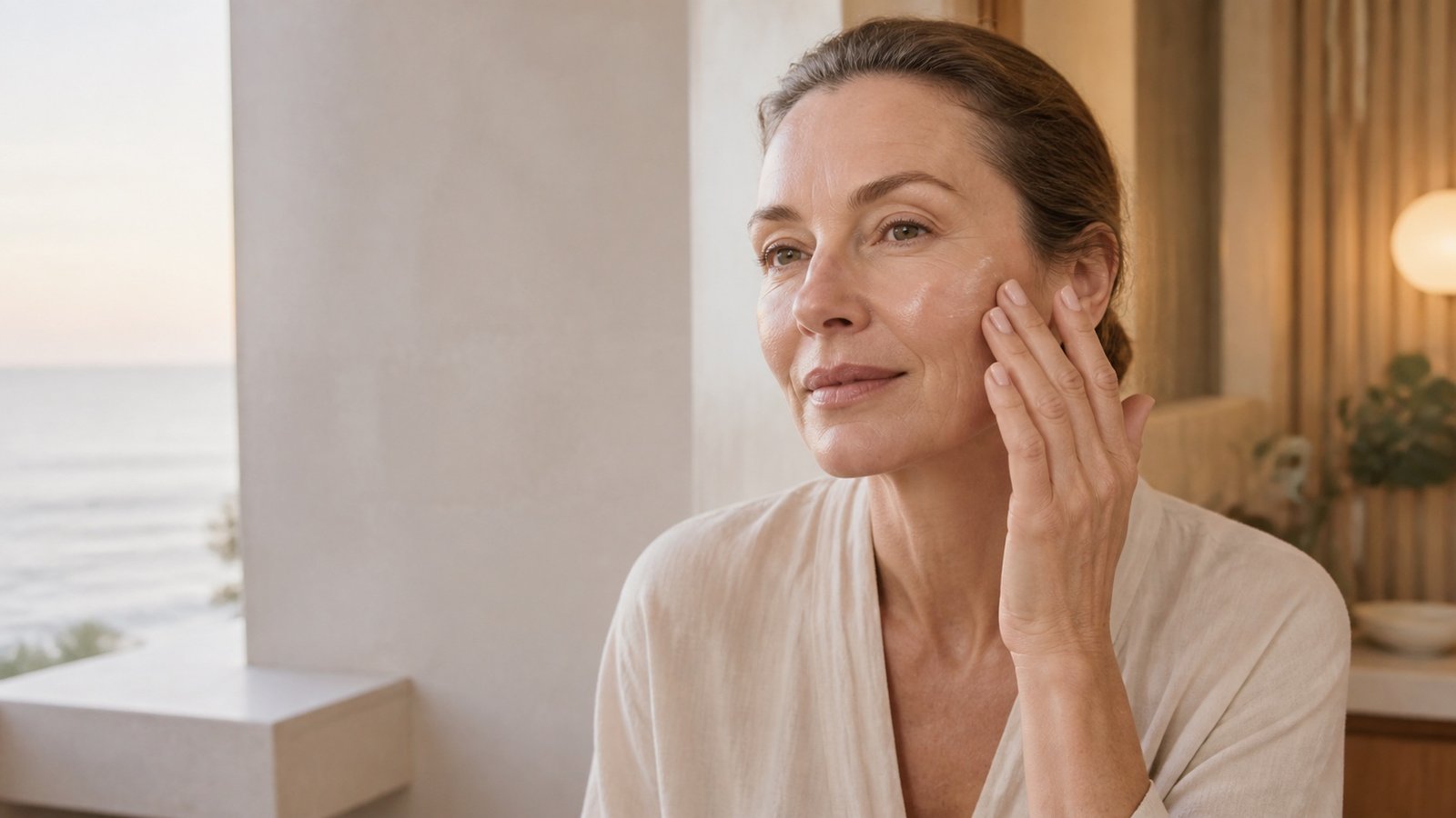 Australian woman over 40 applying serum in balanced morning and evening light