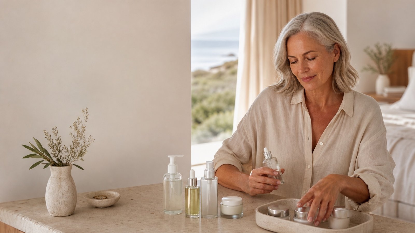 Woman over 60 calmly simplifying an evening skincare routine at a coastal vanity