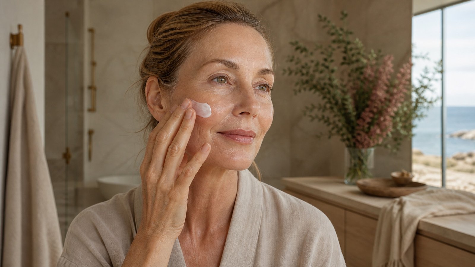 Australian woman over 40 applying a simple moisturiser during a calm skin barrier reset
