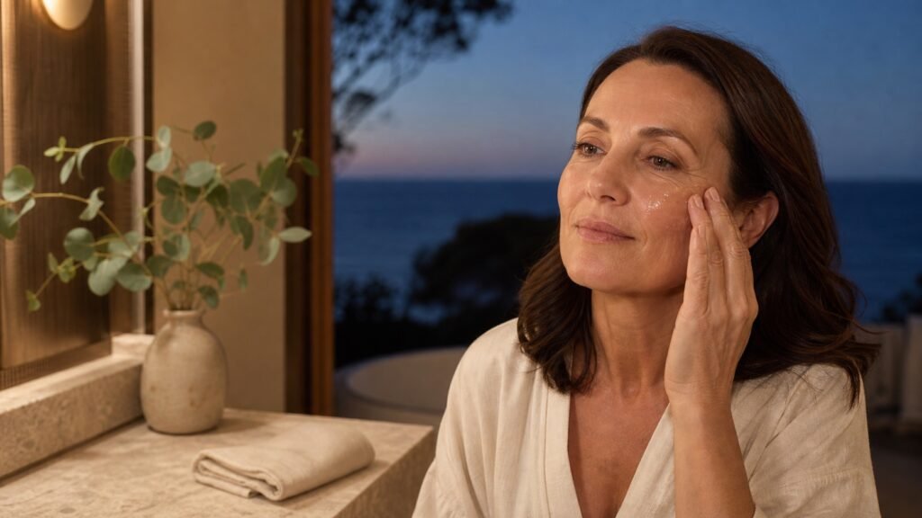 Australian woman over 50 applying facial oil during a calm evening skincare routine