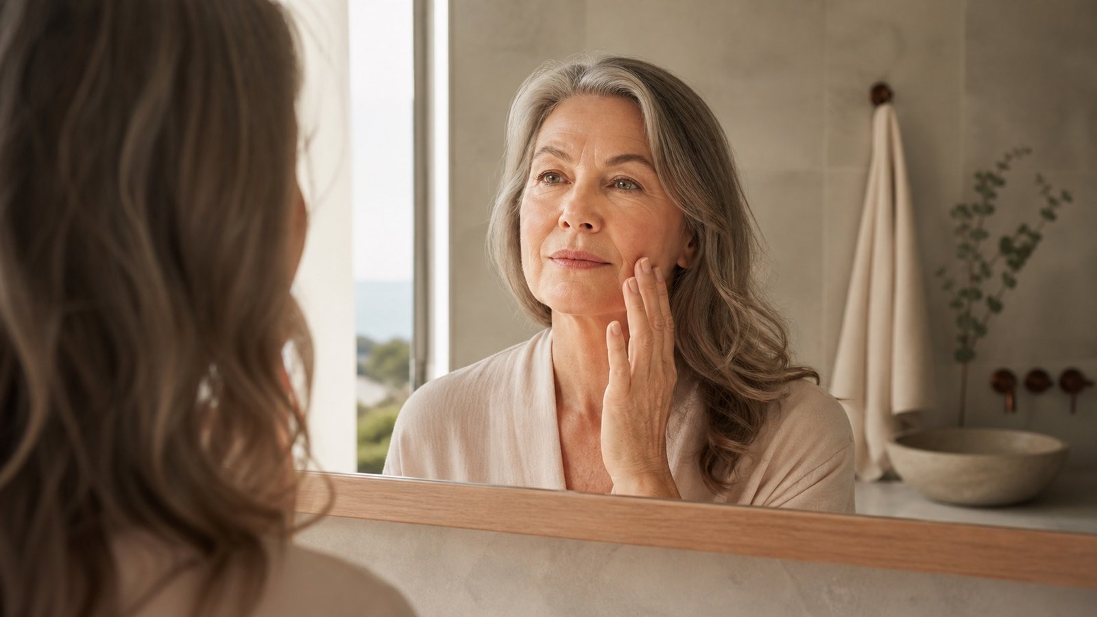 Woman over 60 assessing dry-feeling skin after applying moisturiser