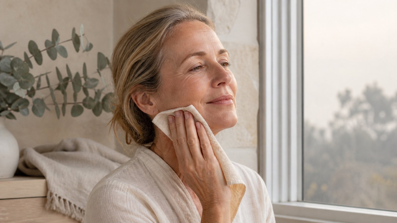 Australian woman over 50 gently cleansing her face after a smoky outdoor day