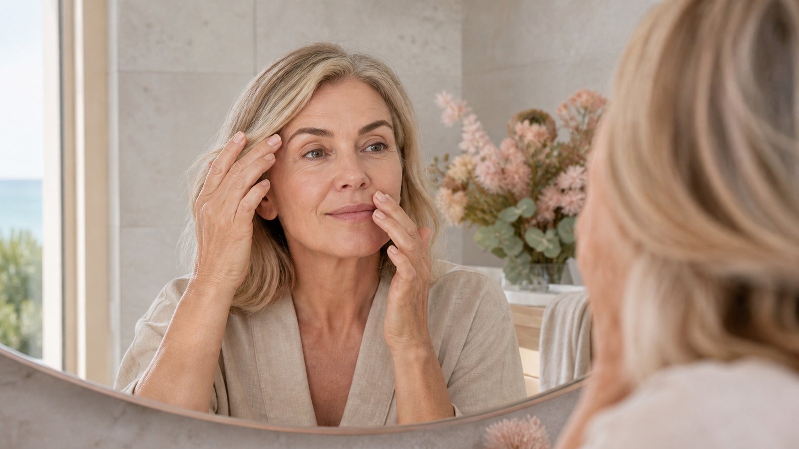 Australian woman over 50 checking facial skin before a waxing appointment