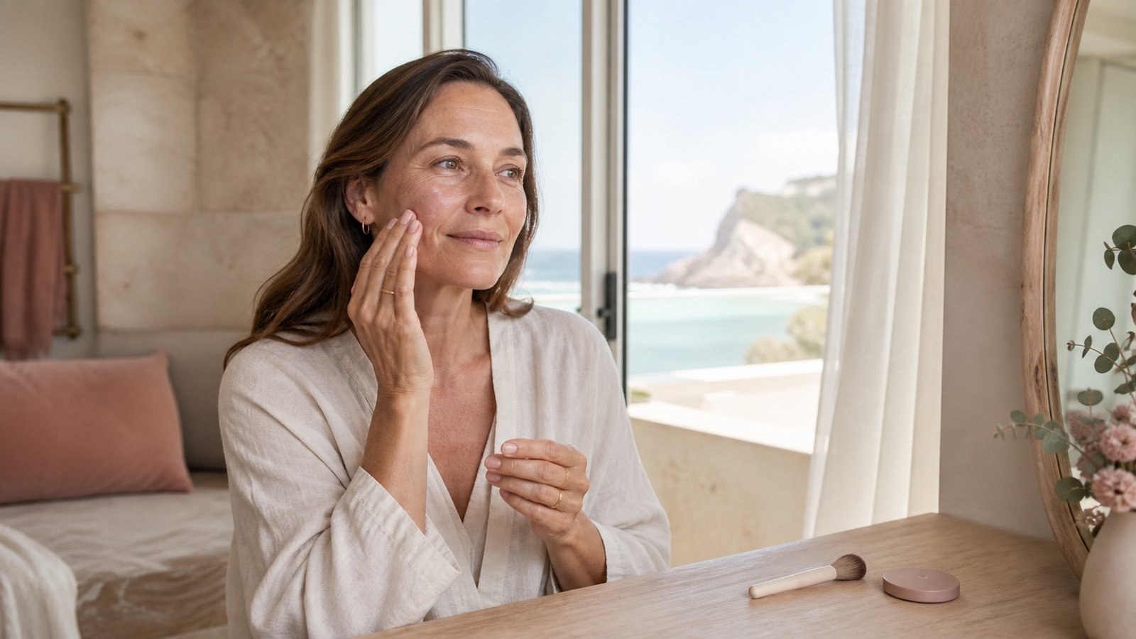 Woman over 50 preparing hydrated mature skin before applying makeup
