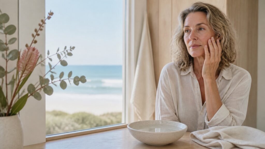Woman over 40 thoughtfully reassessing her skincare routine at a coastal vanity