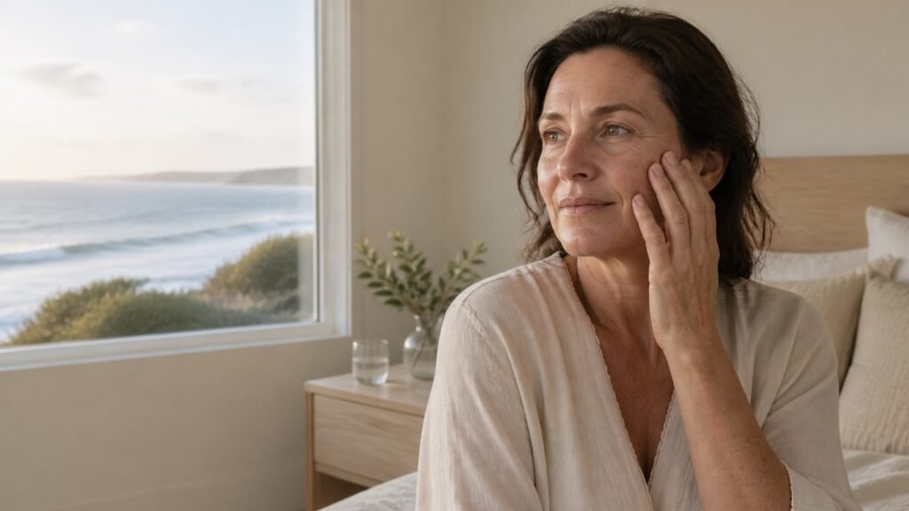 Woman over 50 noticing dry-feeling skin after sleep in soft coastal morning light