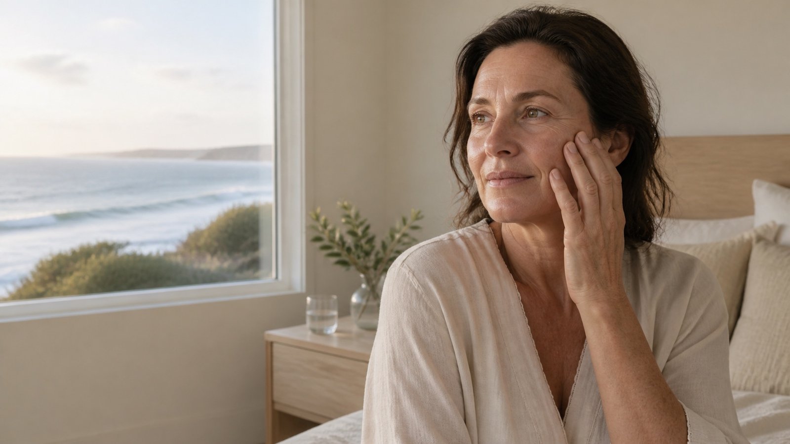 Woman over 50 noticing dry-feeling skin after sleep in soft coastal morning light