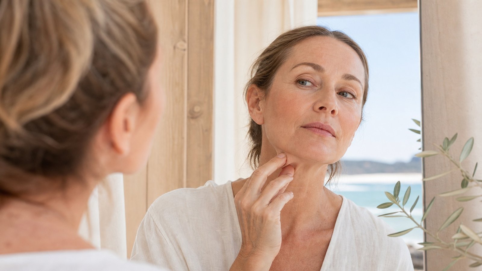 Australian woman over 50 checking skincare texture near her jaw before sunscreen