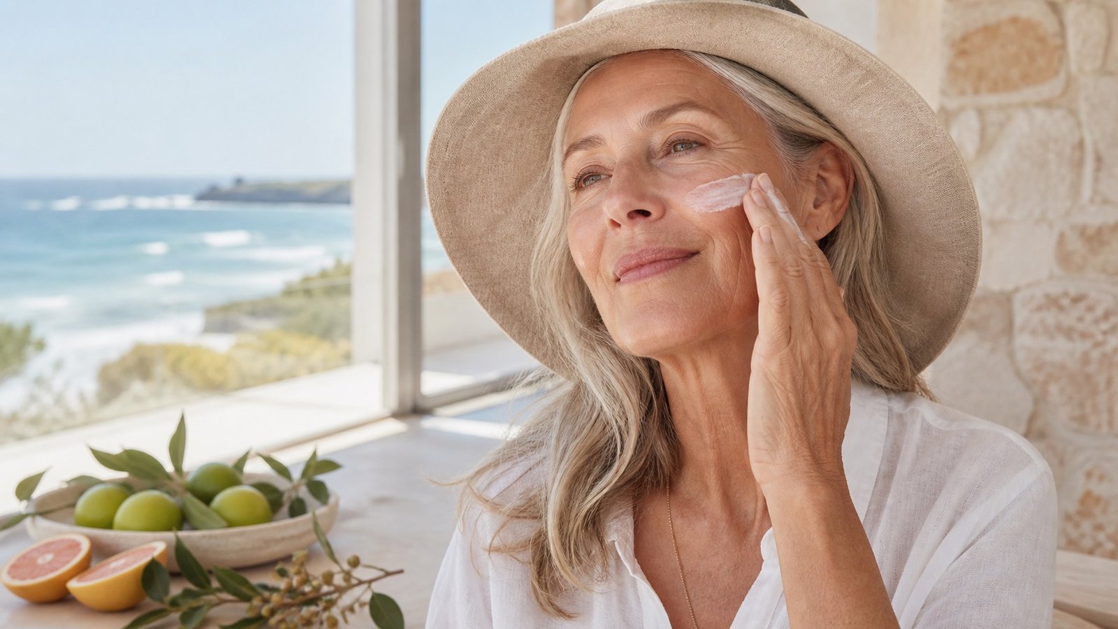 Australian woman over 40 applying sunscreen while wearing a broad-brimmed hat in coastal light