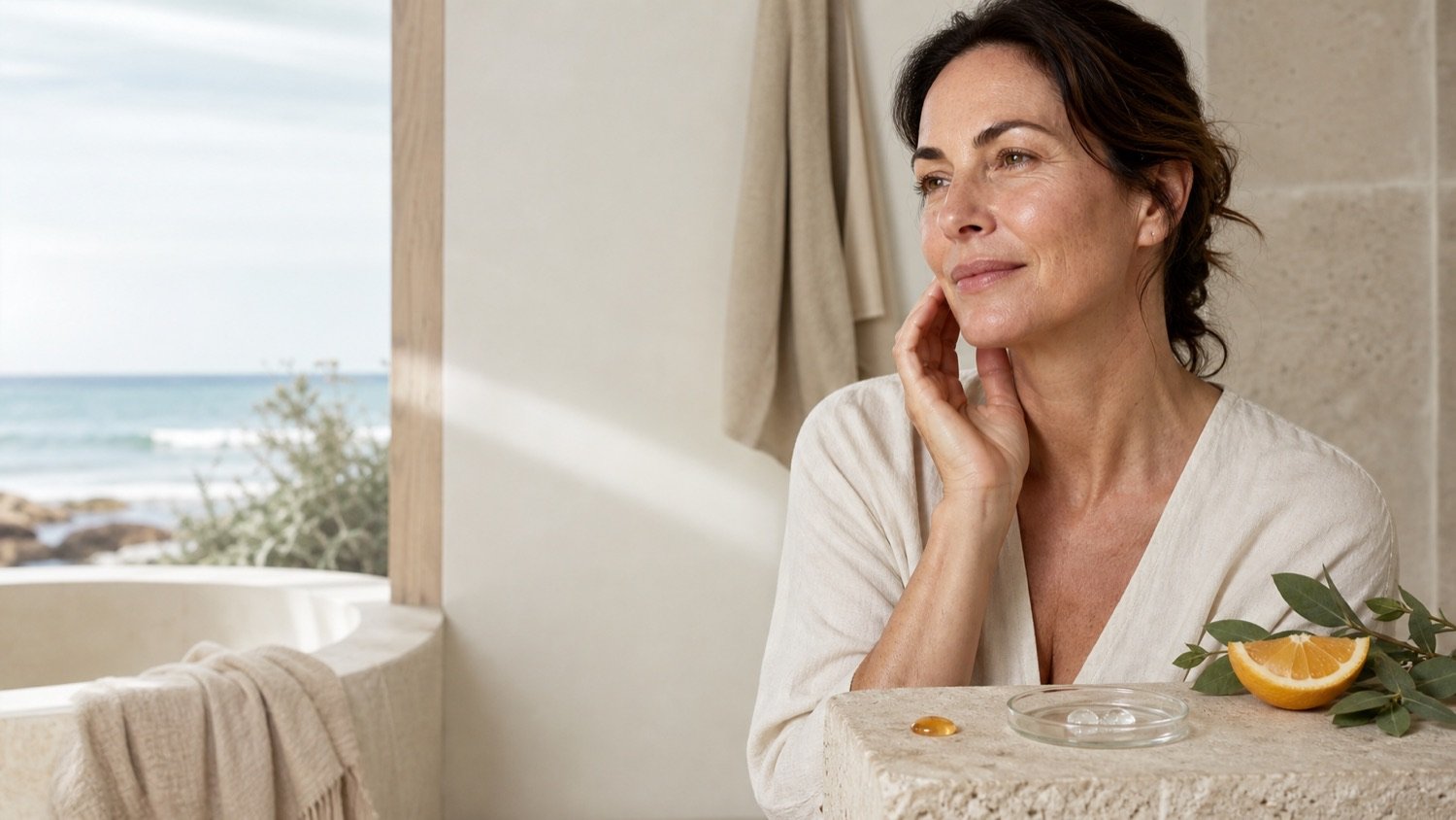 Woman over 40 with citrus and clear serum textures in soft morning light