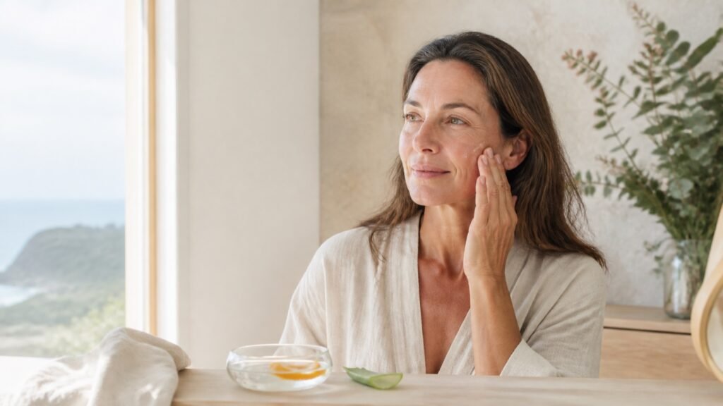 Woman over 40 applying a light serum beside water and botanical ingredients