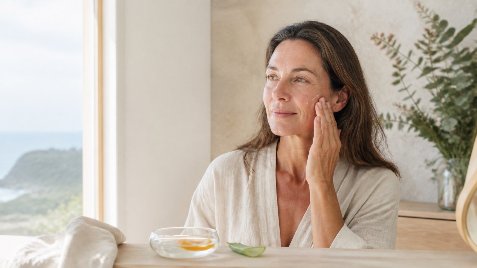 Woman over 40 applying a light serum beside water and botanical ingredients