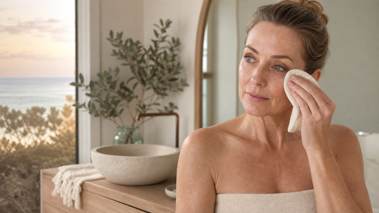 Australian woman over 40 gently cleansing away leftover makeup in the morning