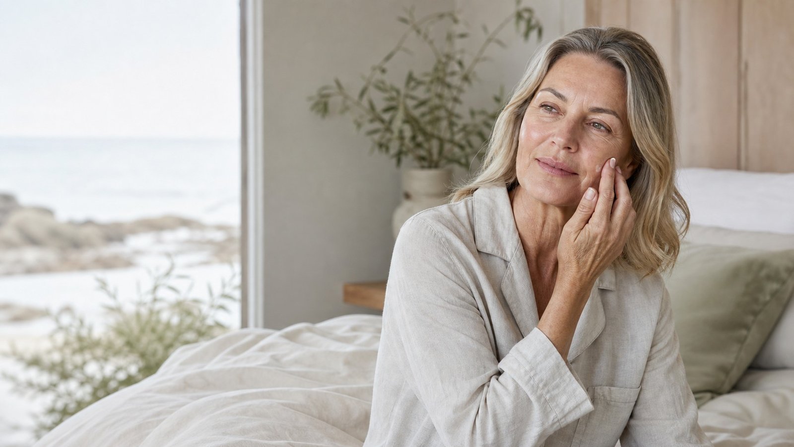 Australian woman over 50 gently touching a temporary morning pillow crease