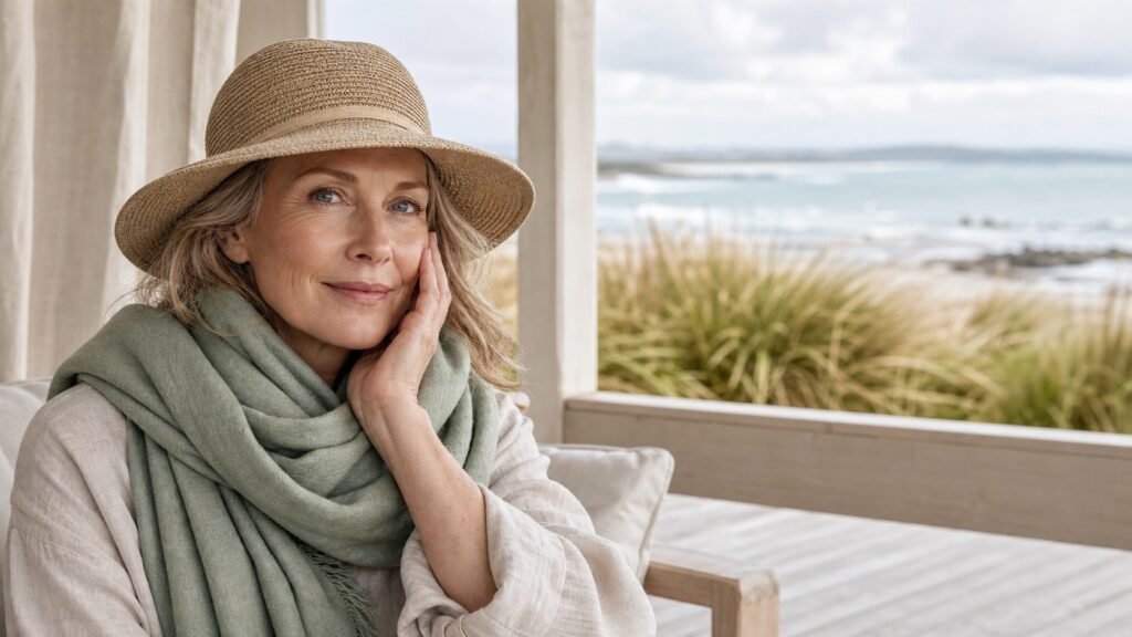 Australian woman over 50 protecting her face with a scarf and hat on a cool windy coastal day