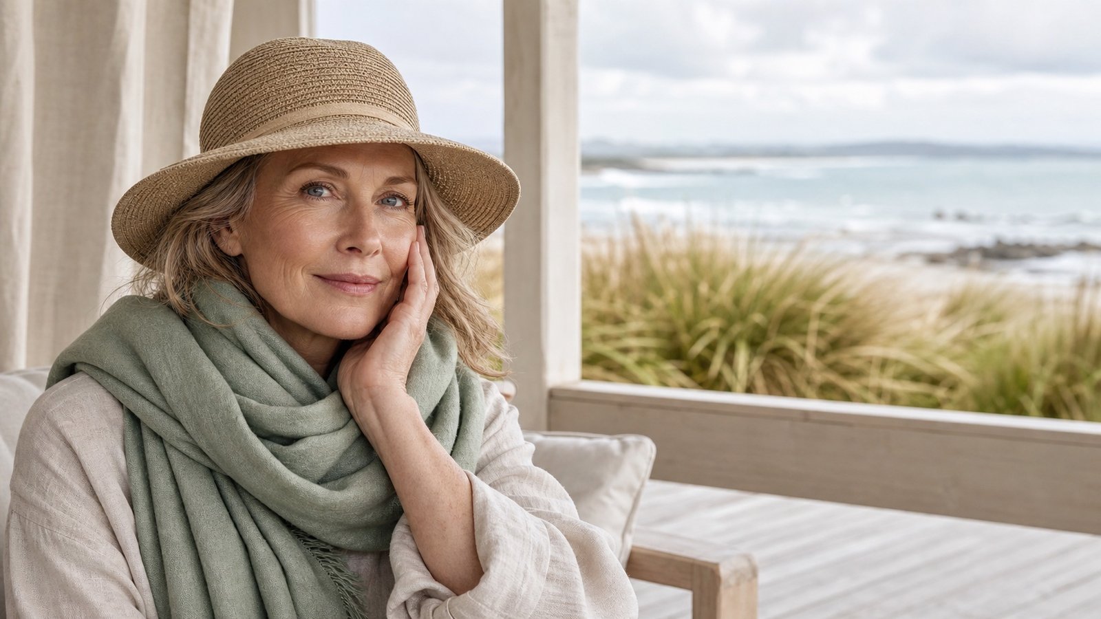 Australian woman over 50 protecting her face with a scarf and hat on a cool windy coastal day