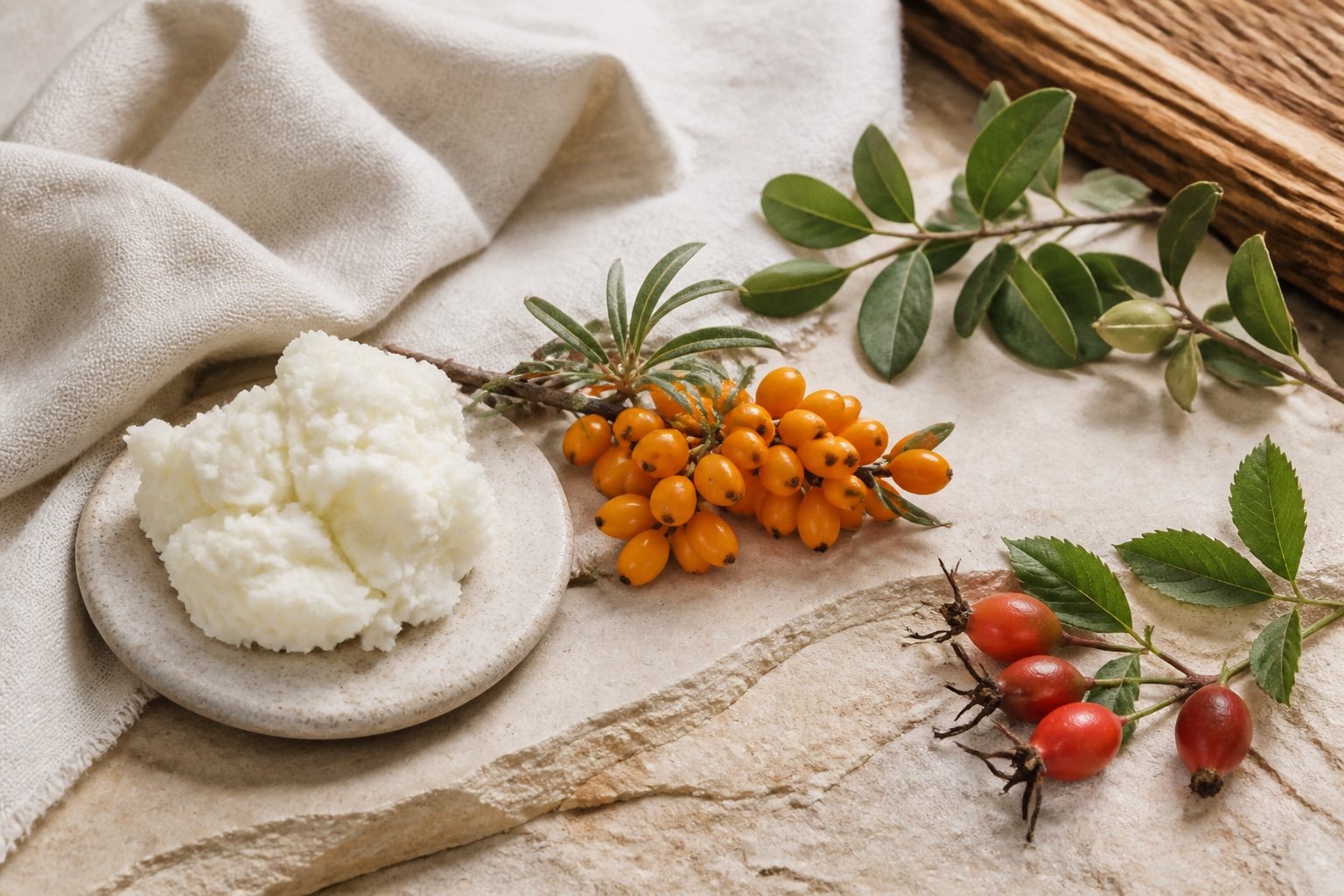 Shea butter, sea buckthorn, rosehip and jojoba botanical ingredients on cream linen