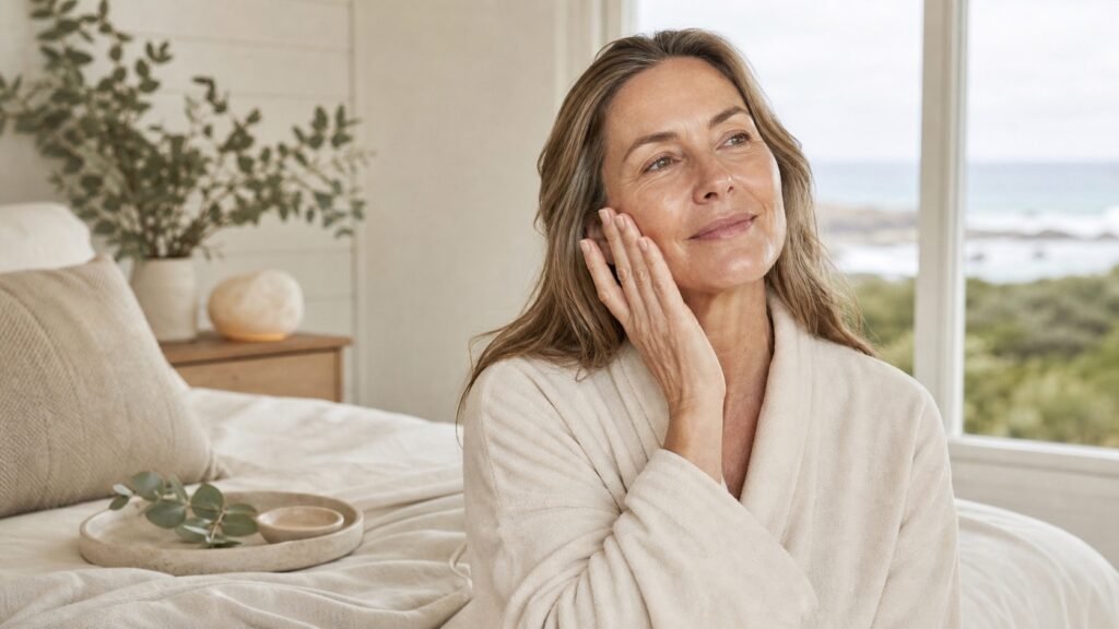 Woman in her 50s applying moisturiser during a calm Australian winter morning