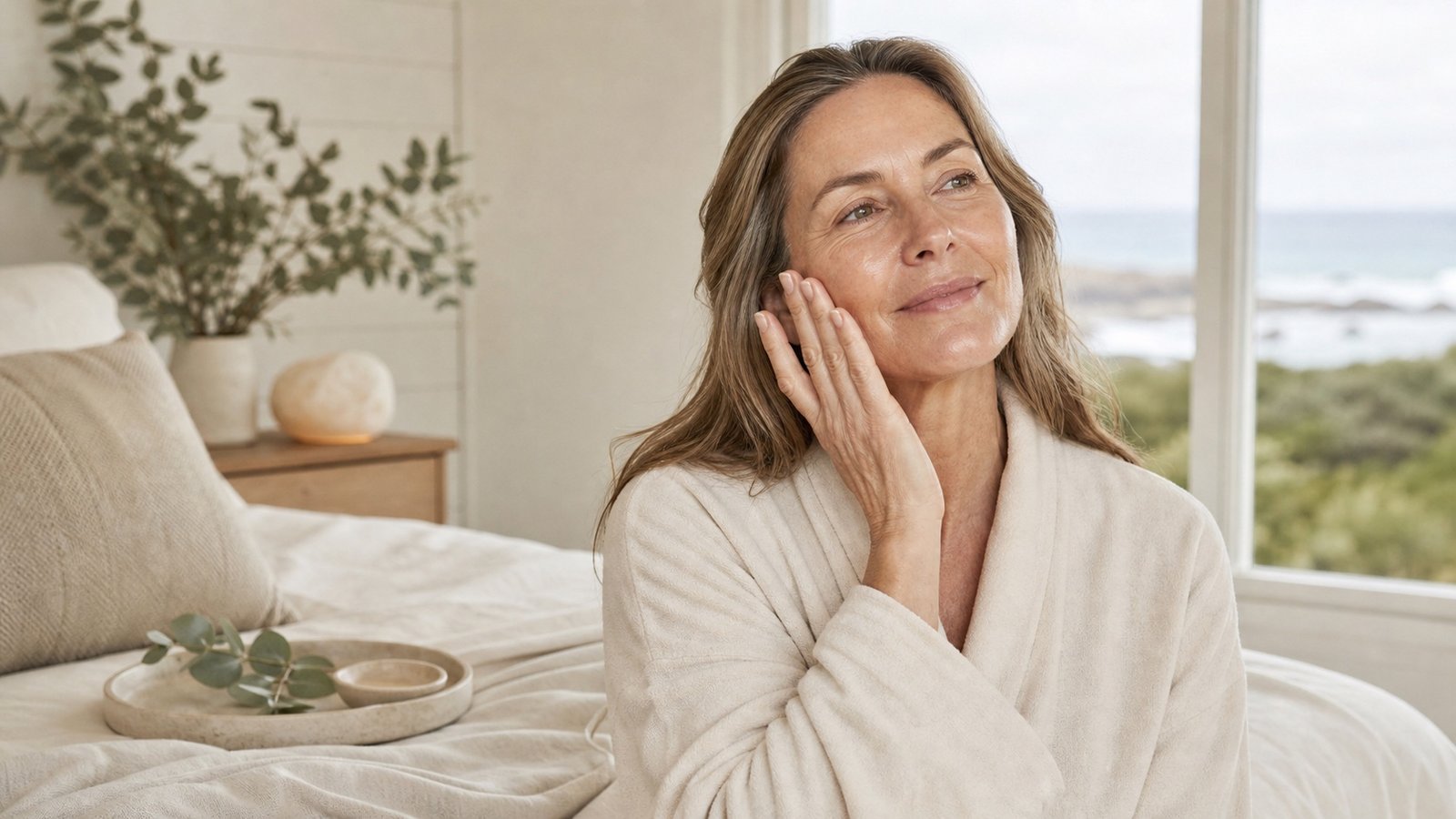 Woman in her 50s applying moisturiser during a calm Australian winter morning