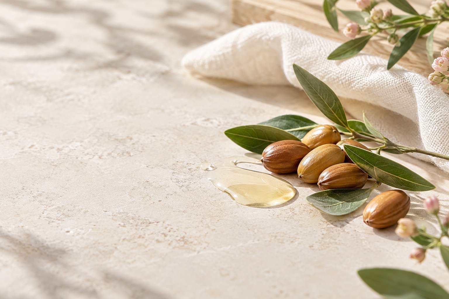 Golden jojoba seeds and a light botanical oil texture on cream linen and stone