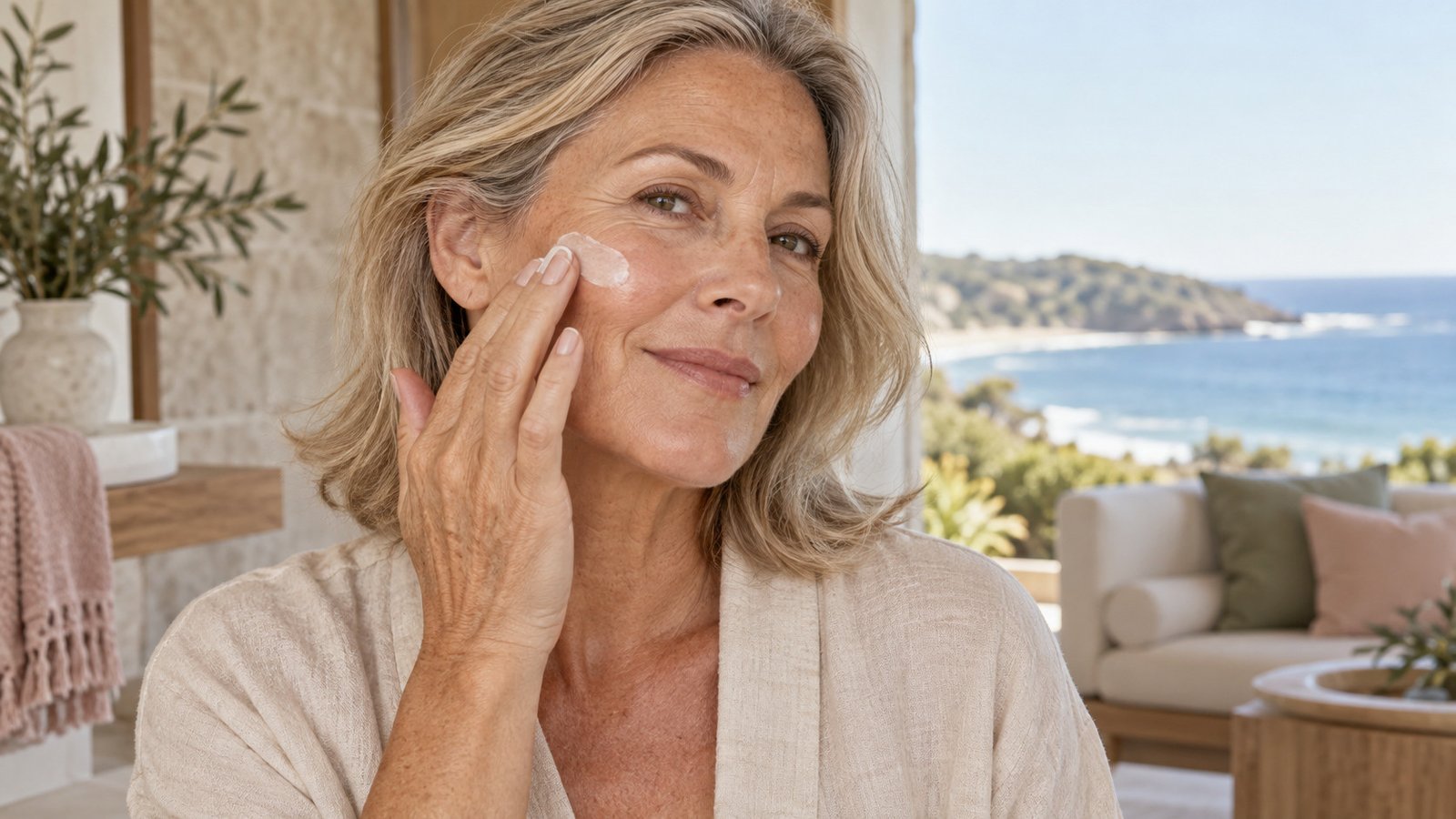 Mature Australian woman applying moisturiser to natural fine lines on her cheek