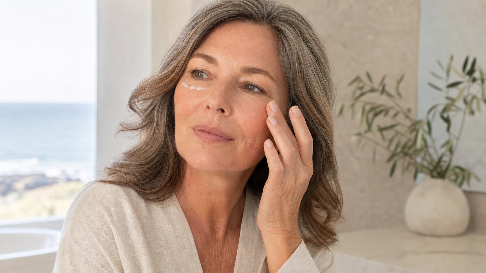 Australian woman over 50 applying eye cream around the orbital bone
