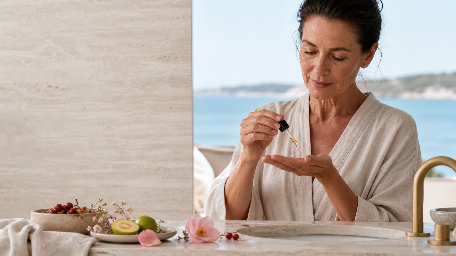 Australian woman over 50 preparing an oil skincare step in soft coastal light
