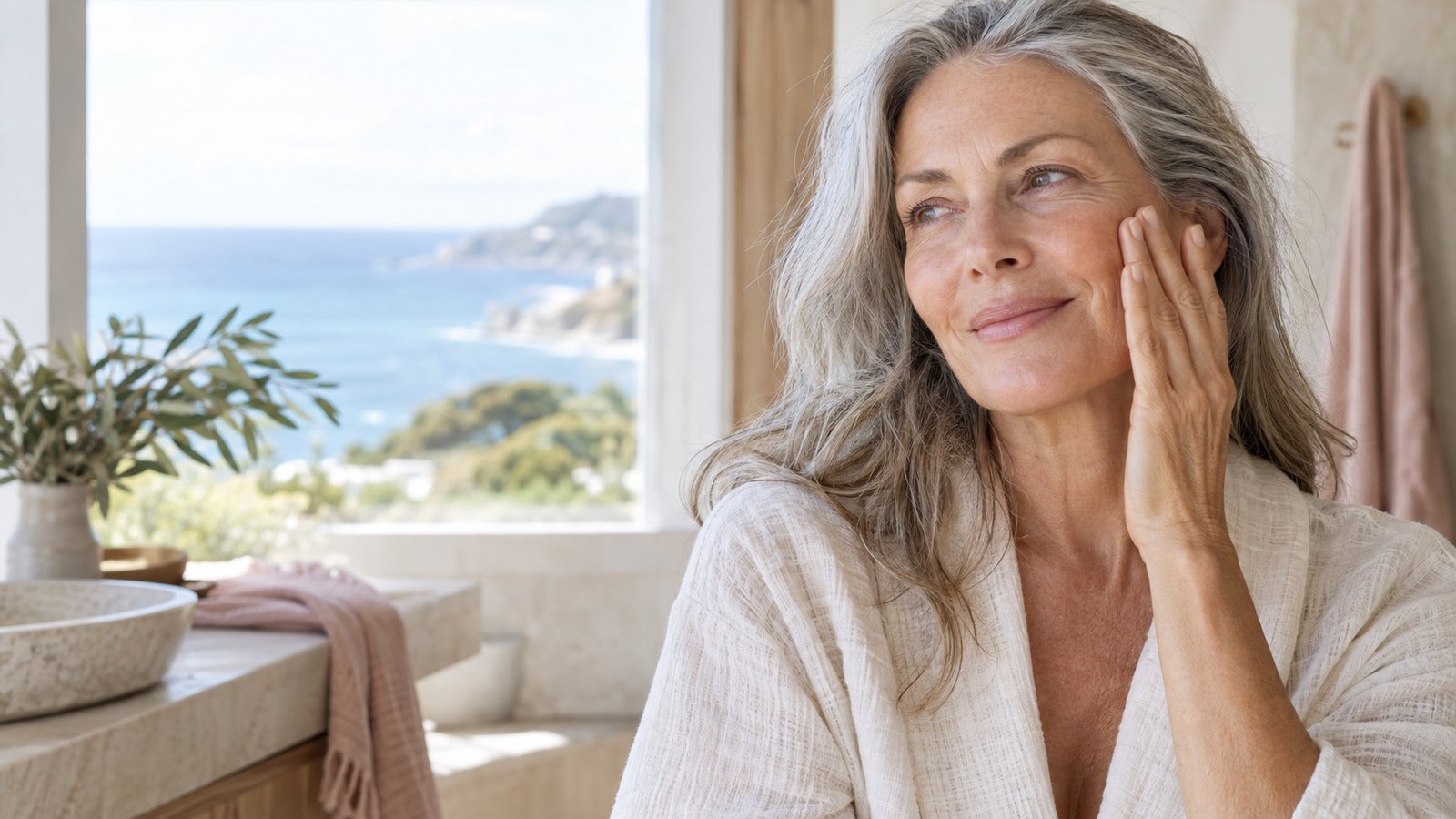 Mature Australian woman applying a rich cream with natural skin texture visible