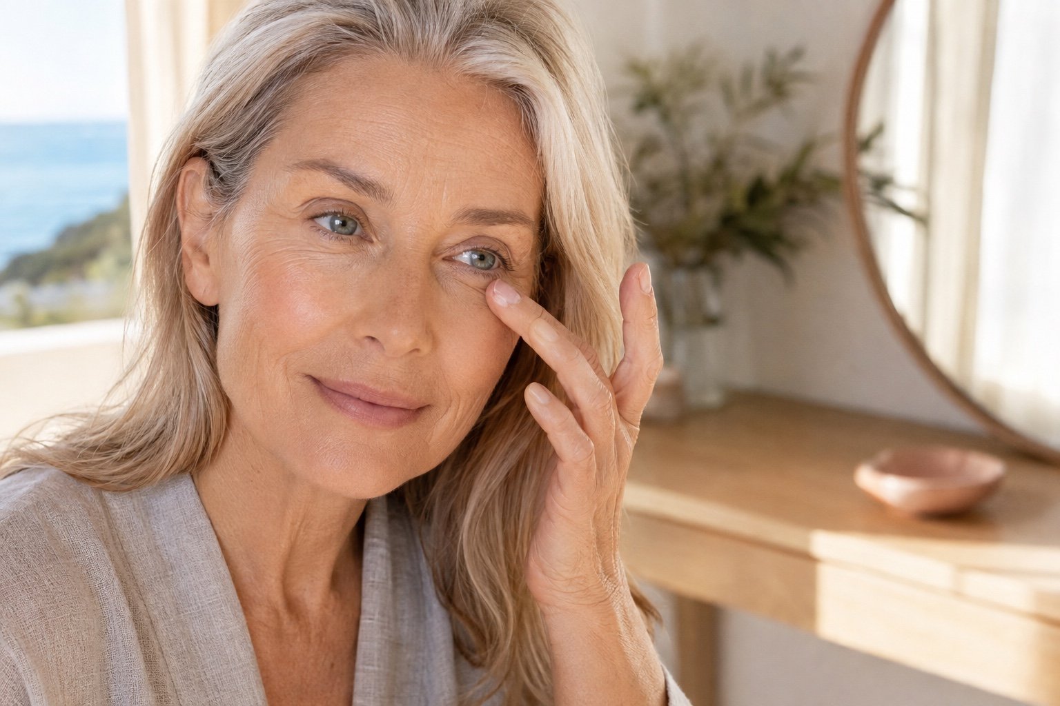 Australian woman over 55 gently tapping eye cream beneath one eye in morning light
