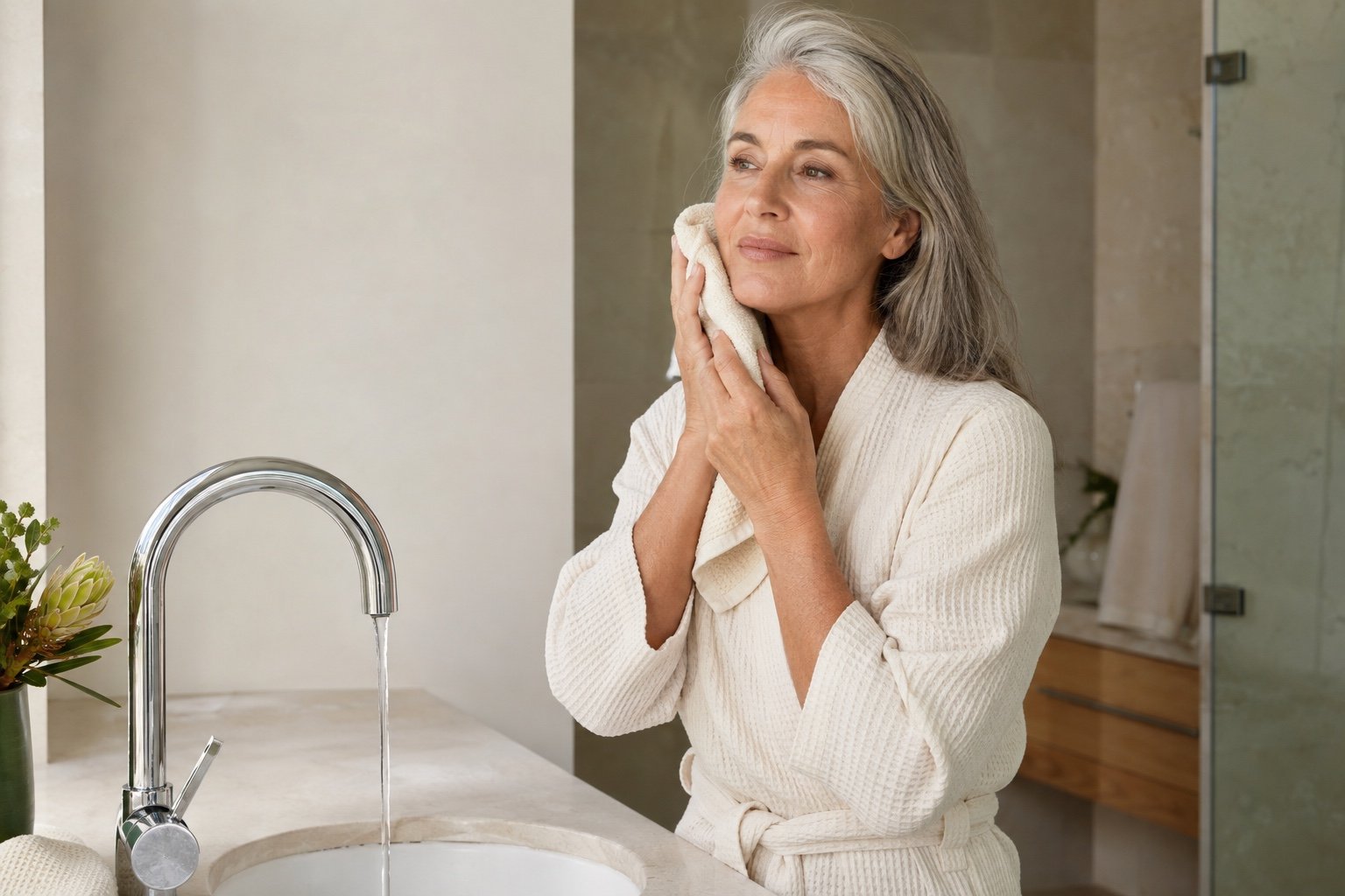 Australian woman over 60 patting her freshly washed face beside a bathroom tap