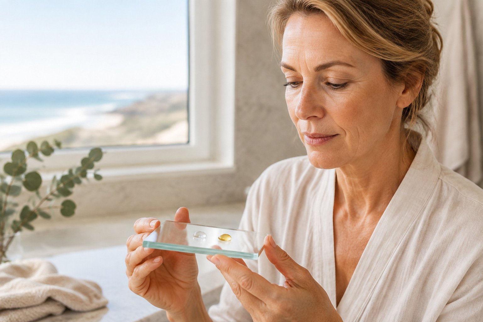 Australian woman comparing clear and pale golden serum textures in soft coastal light