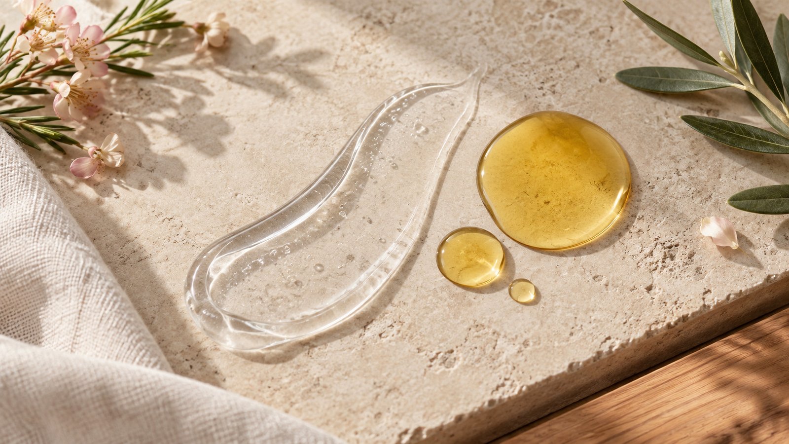 Clear hydrating serum texture beside golden botanical facial oil on neutral stone