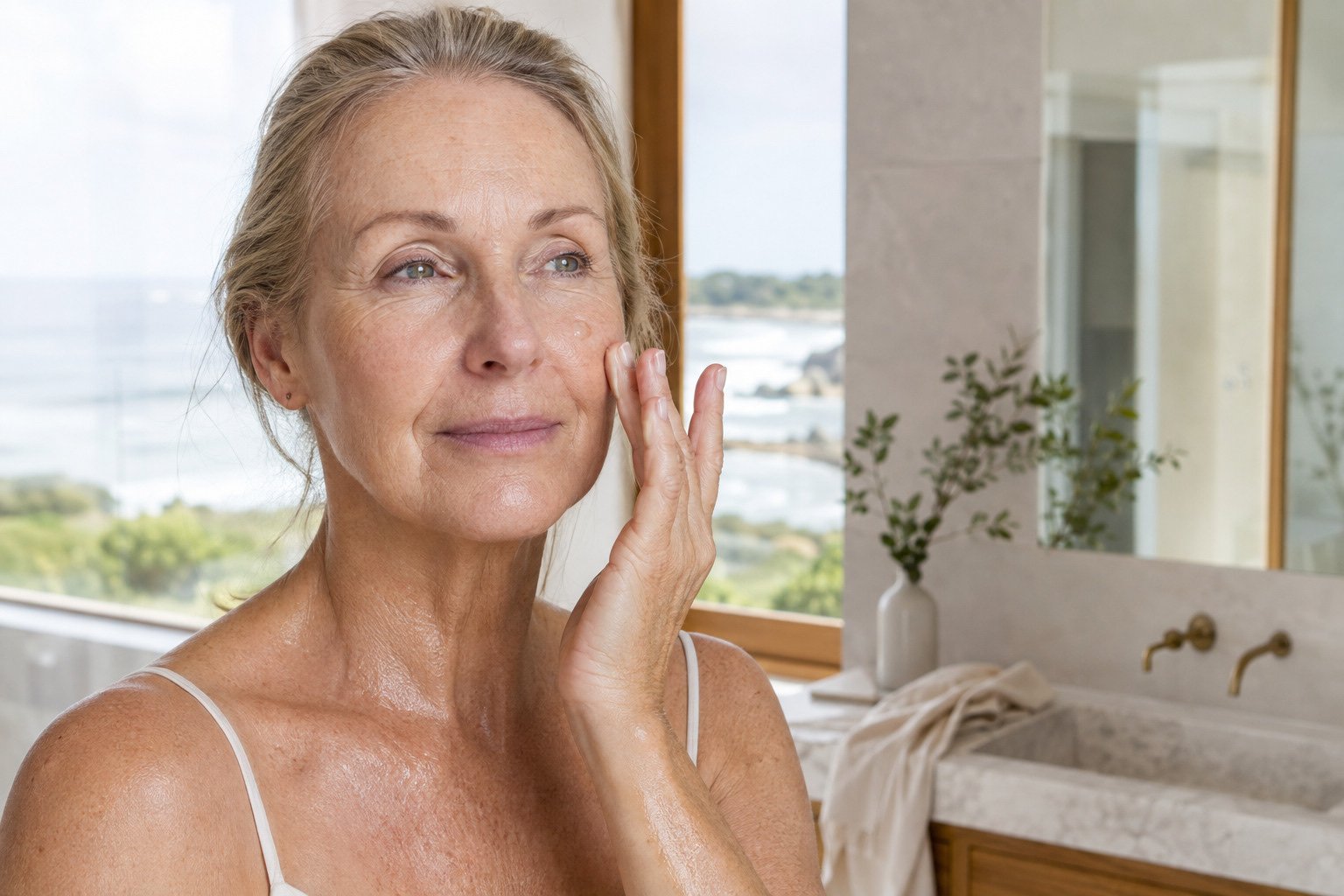 Australian woman in her 60s pressing hydrating serum onto slightly damp skin in soft morning light