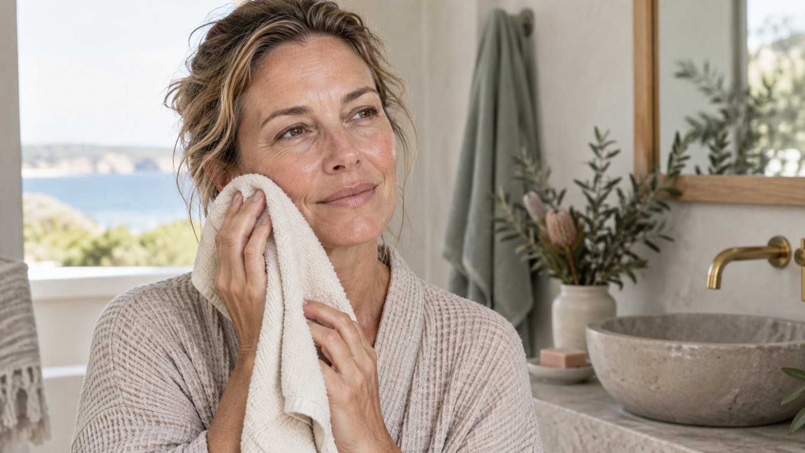 Mature Australian woman gently patting freshly cleansed skin with a clean cream towel