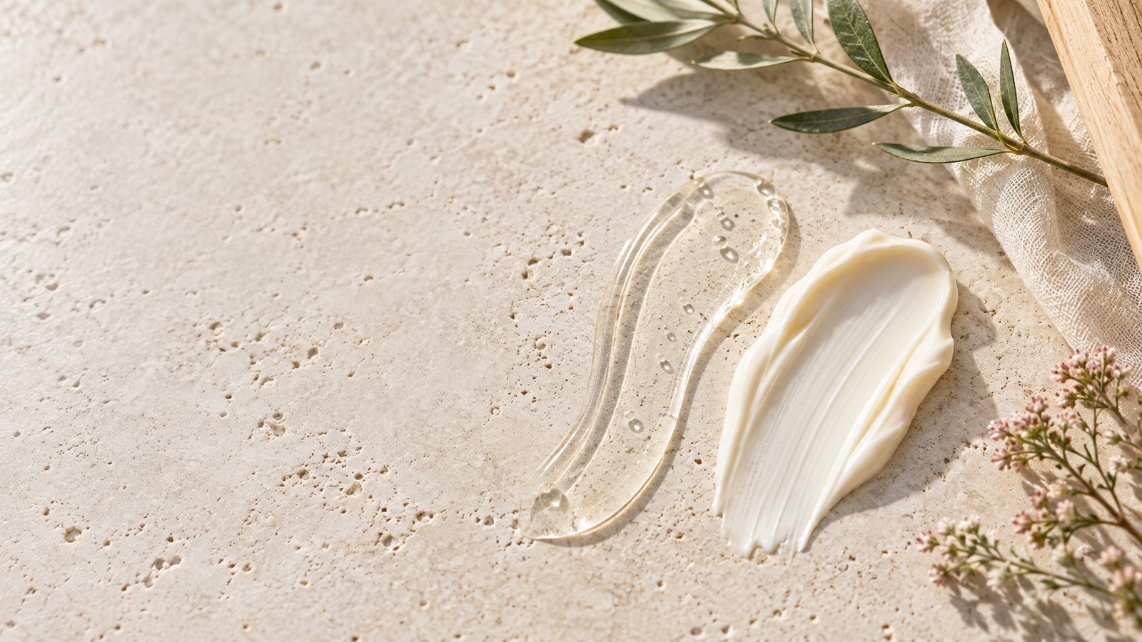 Two elegant skincare textures representing peptide serum and moisturiser on neutral stone