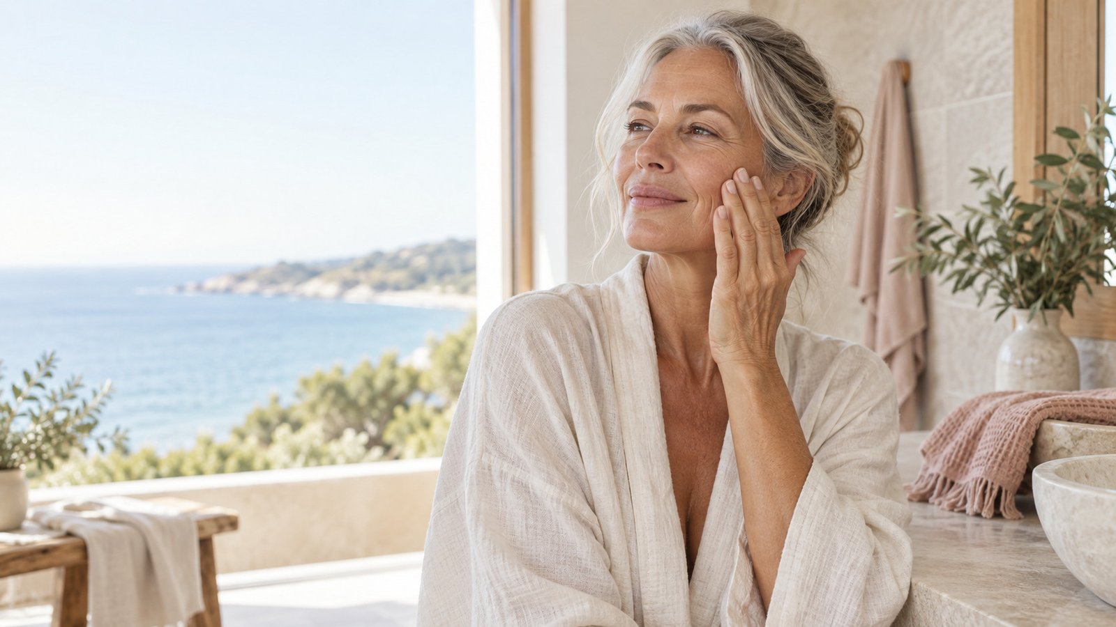 Mature Australian woman applying serum beside a softly lit morning window