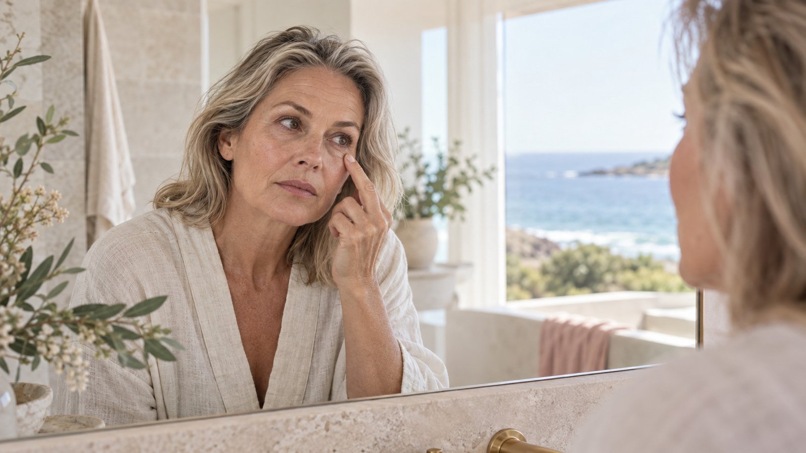 Mature Australian woman gently touching the orbital bone beneath her eye at a mirror