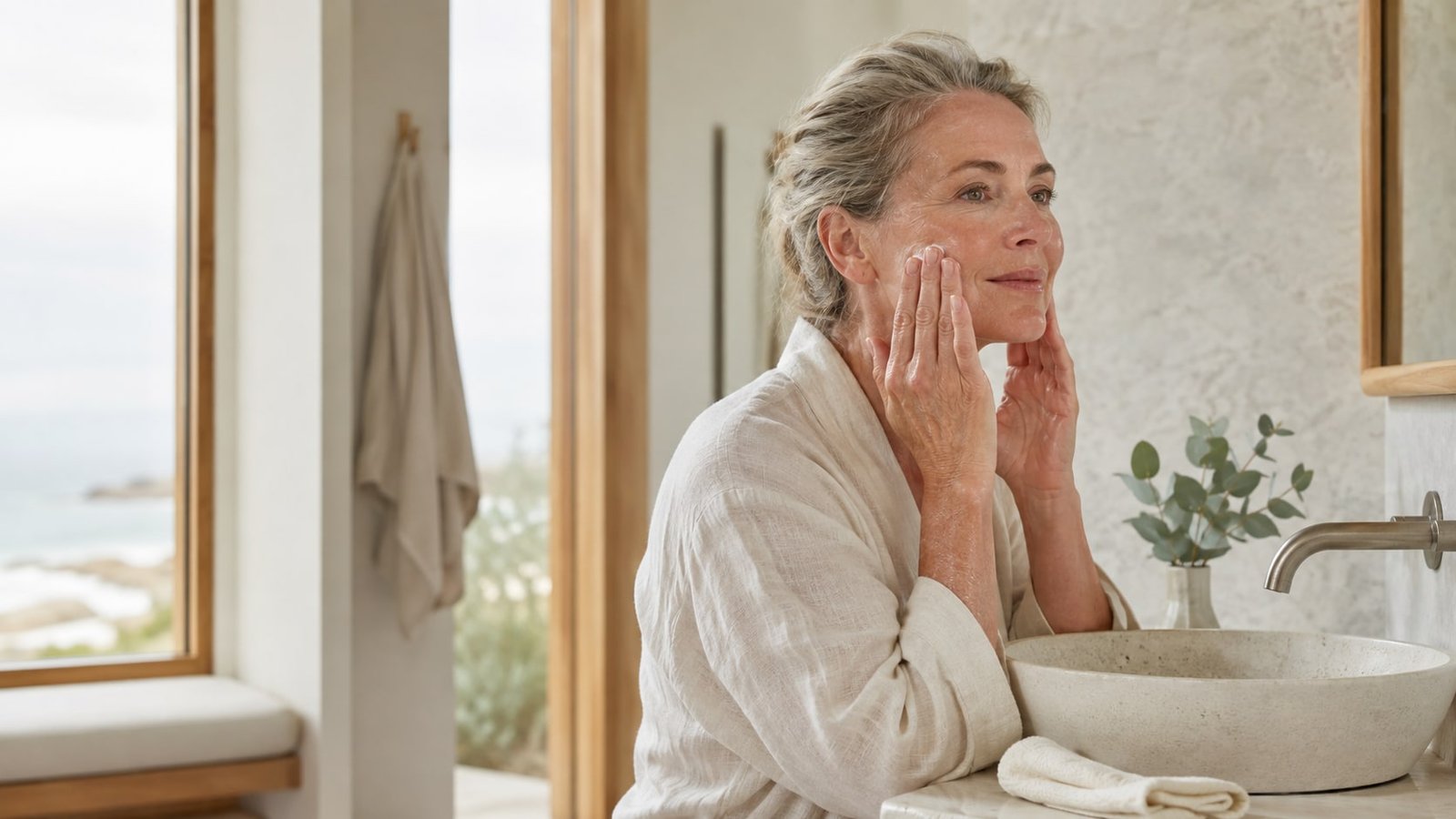 Woman over 60 gently cleansing with fingertips beside a folded soft cream face cloth