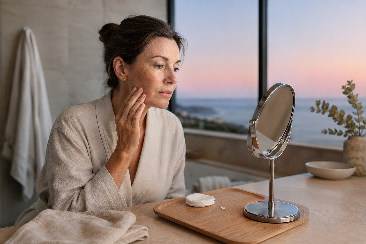 Australian woman in her late 40s calmly checking her cheek after introducing new skincare